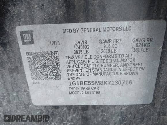 2019 Chevrolet Cruze LT с VIN 1G1BE5SM8K7130716, выставлен на аукционе IAAI как лот 43404375 с пробегом 132 432 миль миль и . История ставок и продаж доступна на DreamBid. Изображение 9.