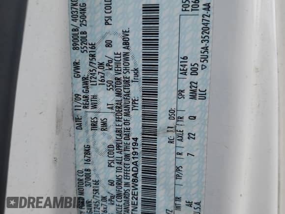 2010 Ford Econoline Cargo Commercial с VIN 1FTNE2EW8ADA19194, выставлен на аукционе Copart как лот 80116165 с пробегом 189 803 миль миль и Чистый • Clean title. История ставок и продаж доступна на DreamBid. Изображение 13.