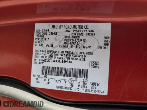 2005 Ford Explorer XLT with VIN 1FMZU73W45UB49818, listed as a Copart auction lot 42962015 with 267,844 mi miles and Salvage title. Bid and sale history available at DreamBid. Image 13.