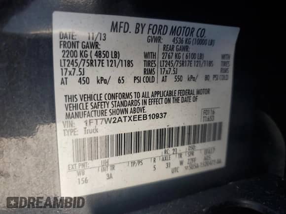 2014 Ford F-250 XL z VIN 1FT7W2ATXEEB10937, wystawiony jako Copart lot #62937905 z przebiegiem 220 216 mil mil oraz Szkoda całkowita • Salvage title. Historia ofert i sprzedaży dostępna na DreamBid. Obrazek 13.