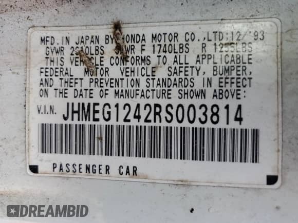 1994 Honda Civic z VIN JHMEG1242RS003814, wystawiony jako Copart lot #74590334 z przebiegiem 182 095 mil mil oraz Nie do naprawy • Non repairable. Historia ofert i sprzedaży dostępna na DreamBid. Obrazek 13.