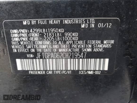 2012 Subaru Impreza Limited с VIN JF1GPAG62CH219547, выставлен на аукционе IAAI как лот 43055434 с пробегом 140 685 миль миль и . История ставок и продаж доступна на DreamBid. Изображение 9.