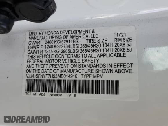 2021 Honda Passport Touring with VIN 5FNYF7H93MB014916, listed as a Copart auction lot 75050454 with 28,364 mi miles and Non repairable. Bid and sale history available at DreamBid. Image 14.