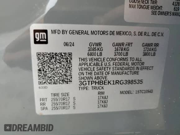 2024 GMC Sierra 1500 SLE with VIN 3GTPHBEK1RG398535, listed as a Copart auction lot 61141985 with Not provided miles and Salvage title. Bid and sale history available at DreamBid. Image 12.