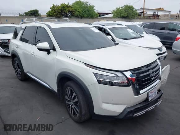 2023 Nissan Pathfinder Platinum with VIN 5N1DR3DG0PC255834, listed as a IAAI auction lot 42211426 with 24,523 mi miles and . Bid and sale history available at DreamBid. Image 1.