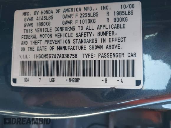 2007 Honda Accord EX with VIN 1HGCM56747A038758, listed as a IAAI auction lot 43480607 with 249,257 mi miles and . Bid and sale history available at DreamBid. Image 9.