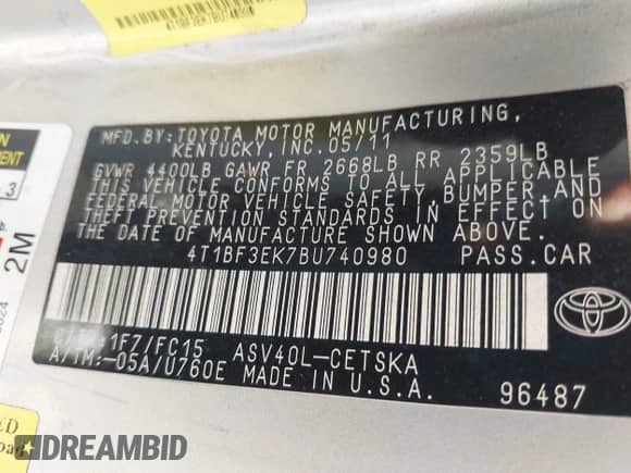 2011 Toyota Camry LE with VIN 4T1BF3EK7BU740980, listed as a IAAI auction lot 43218989 with 210,931 mi miles and . Bid and sale history available at DreamBid. Image 9.