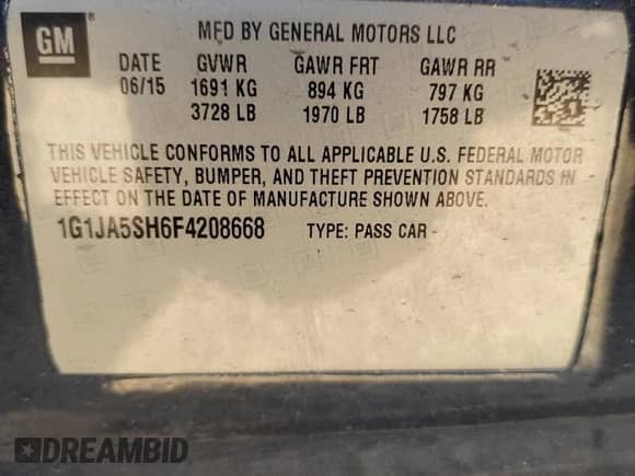 2015 Chevrolet Sonic LS с VIN 1G1JA5SH6F4208668, выставлен на аукционе Copart как лот 67177525 с пробегом 123 590 миль миль и Списание • Salvage title. История ставок и продаж доступна на DreamBid. Изображение 12.