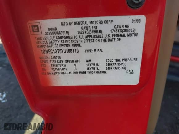 2000 Chevrolet Tahoe LS z VIN 1GNEC13T0YJ108110, wystawiony jako IAAI lot #42003001 z przebiegiem 216 803 mil mil oraz . Historia ofert i sprzedaży dostępna na DreamBid. Obrazek 9.