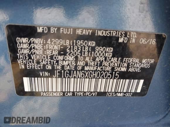 2016 Subaru Impreza Limited with VIN JF1GJAN6XGH020515, listed as a IAAI auction lot 42543080 with 101,003 mi miles and . Bid and sale history available at DreamBid. Image 9.