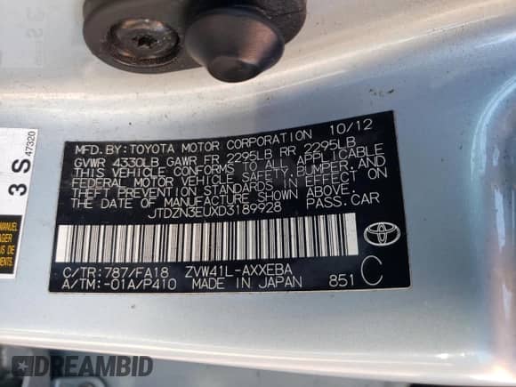 2013 Toyota Prius Two with VIN JTDZN3EUXD3189928, listed as a Copart auction lot 85859785 with Not provided miles and Salvage title. Bid and sale history available at DreamBid. Image 12.