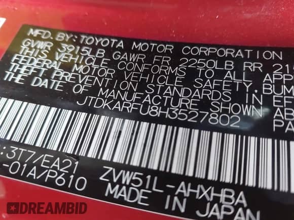 2017 Toyota Prius Two z VIN JTDKARFU8H3527802, wystawiony jako IAAI lot #42068099 z przebiegiem 102 152 mil mil oraz . Historia ofert i sprzedaży dostępna na DreamBid. Obrazek 9.