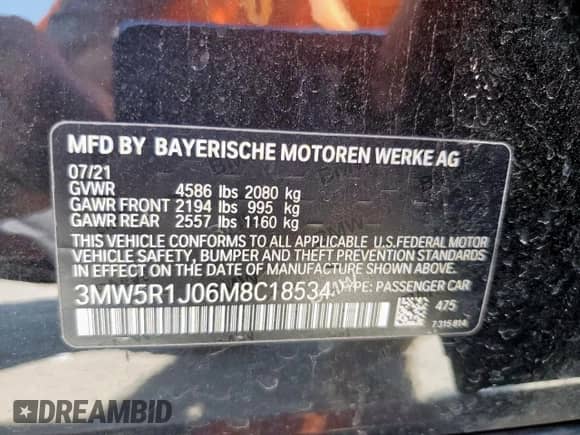 2021 BMW 3 Series 330i с VIN 3MW5R1J06M8C18534, выставлен на аукционе Copart как лот 80624445 с пробегом Не указан миль и Списание • Salvage title. История ставок и продаж доступна на DreamBid. Изображение 13.