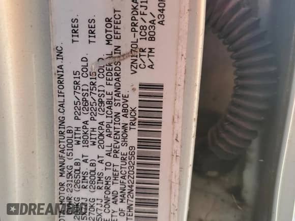 2002 Toyota Tacoma z VIN 5TEHN72N42Z032569, wystawiony jako Copart lot #80691225 z przebiegiem 184 685 mil mil oraz Szkoda całkowita • Salvage title. Historia ofert i sprzedaży dostępna na DreamBid. Obrazek 12.