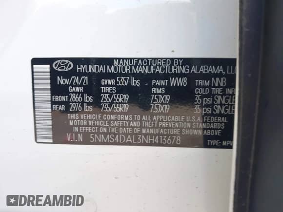 2022 Hyundai Santa Fe Limited with VIN 5NMS4DAL3NH413678, listed as a IAAI auction lot 43101563 with 46,241 mi miles and . Bid and sale history available at DreamBid. Image 9.