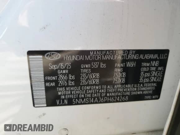 2023 Hyundai Santa Fe SE z VIN 5NMS14AJ6PH624268, wystawiony jako Copart lot #70753555 z przebiegiem 30 018 mil mil oraz Szkoda całkowita • Salvage title. Historia ofert i sprzedaży dostępna na DreamBid. Obrazek 13.