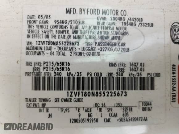 2005 Ford Mustang Deluxe z VIN 1ZVFT80N855225673, wystawiony jako Copart lot #80343005 z przebiegiem 138 781 mil mil oraz Szkoda całkowita • Salvage title. Historia ofert i sprzedaży dostępna na DreamBid. Obrazek 13.