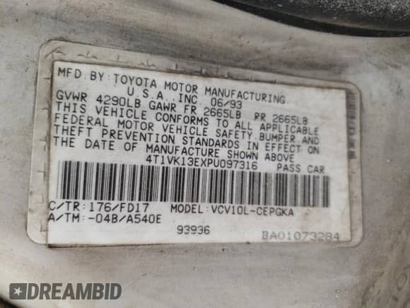 1993 Toyota Camry с VIN 4T1VK13EXPU097316, выставлен на аукционе Copart как лот 58642935 с пробегом 81 760 миль миль и Чистый • Clean title. История ставок и продаж доступна на DreamBid. Изображение 12.