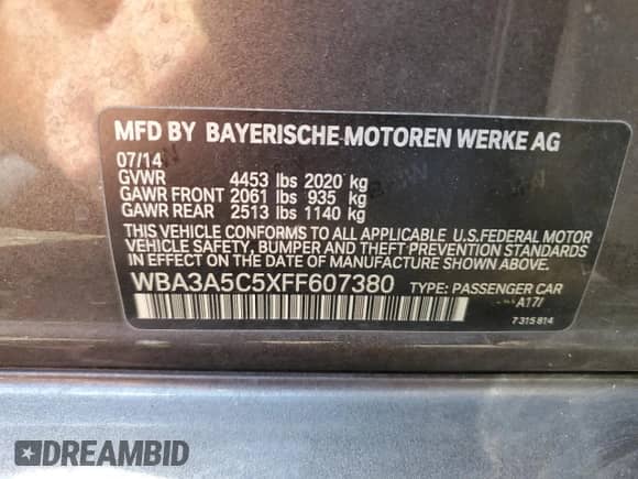 2015 BMW 3 Series 328i with VIN WBA3A5C5XFF607380, listed as a Copart auction lot 70839195 with 61,697 mi miles and Salvage title. Bid and sale history available at DreamBid. Image 12.