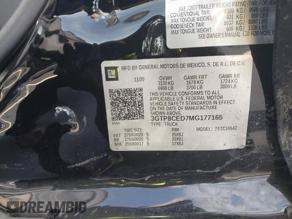 2021 GMC Sierra 1500 Elevation with VIN 3GTP8CED7MG177165, listed as a IAAI auction lot 43292357 with 57,001 mi miles and . Bid and sale history available at DreamBid. Image 9.