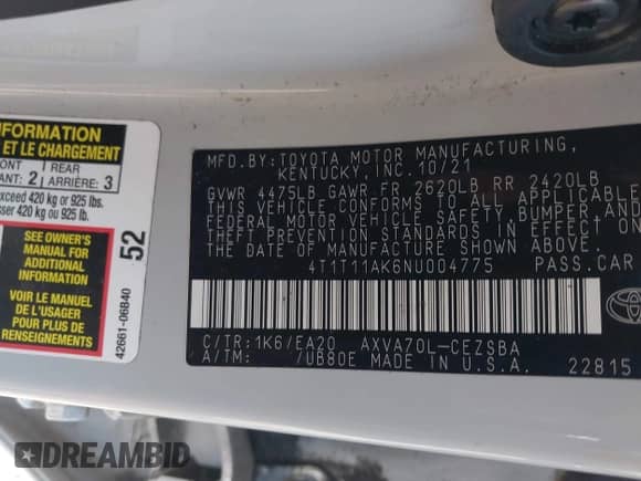 2022 Toyota Camry SE с VIN 4T1T11AK6NU004775, выставлен на аукционе IAAI как лот 43071729 с пробегом 46 000 миль миль и . История ставок и продаж доступна на DreamBid. Изображение 9.