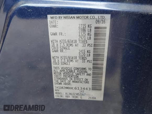 2017 Nissan Pathfinder SV with VIN 5N1DR2MMXHC613443, listed as a IAAI auction lot 42370891 with 135,460 mi miles and . Bid and sale history available at DreamBid. Image 9.