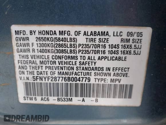 2006 Honda Pilot EX-L z VIN 5FNYF28776B004779, wystawiony jako IAAI lot #42892217 z przebiegiem 184 674 mil mil oraz . Historia ofert i sprzedaży dostępna na DreamBid. Obrazek 9.