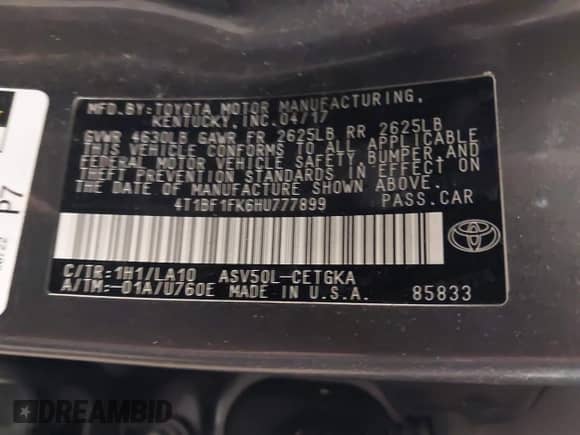 2017 Toyota Camry XLE с VIN 4T1BF1FK6HU777899, выставлен на аукционе IAAI как лот 42773248 с пробегом 83 340 миль миль и . История ставок и продаж доступна на DreamBid. Изображение 9.