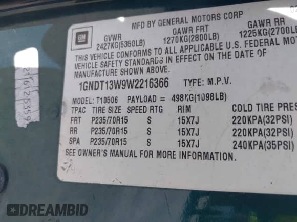 1998 Chevrolet Blazer LS with VIN 1GNDT13W9W2216366, listed as a IAAI auction lot 42749884 with Not provided miles and . Bid and sale history available at DreamBid. Image 9.