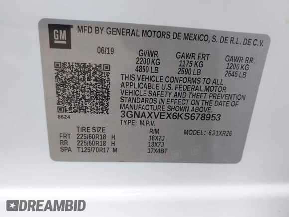 2019 Chevrolet Equinox LT with VIN 3GNAXVEX6KS678953, listed as a IAAI auction lot 43223027 with 39,720 mi miles and . Bid and sale history available at DreamBid. Image 9.
