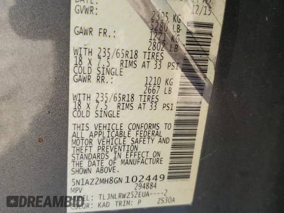 2016 Nissan Murano SL with VIN 5N1AZ2MH8GN102449, listed as a Copart auction lot 71568835 with 172,153 mi miles and Salvage title. Bid and sale history available at DreamBid. Image 14.