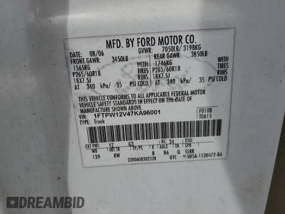 2007 Ford F-150 XLT with VIN 1FTPW12V47KA96001, listed as a Copart auction lot 84276695 with 120,479 mi miles and Salvage title. Bid and sale history available at DreamBid. Image 13.