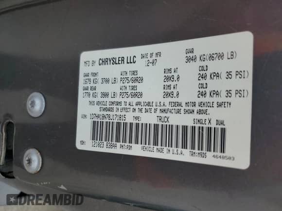 2008 Dodge 1500 SLT with VIN 1D7HA18N78J171815, listed as a Copart auction lot 66686175 with 323,421 mi miles and Salvage title. Bid and sale history available at DreamBid. Image 12.