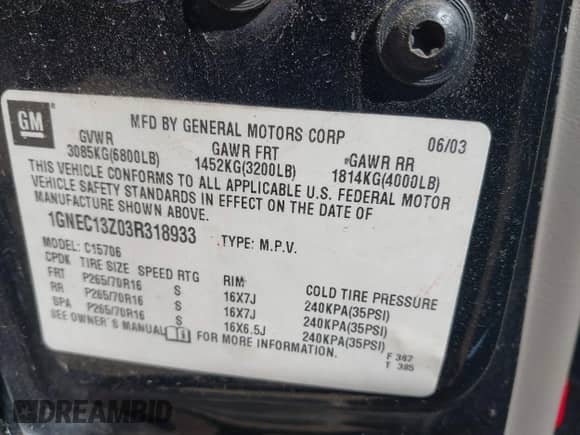 2003 Chevrolet Tahoe LT z VIN 1GNEC13Z03R318933, wystawiony jako IAAI lot #41828148 z przebiegiem 192 851 mil mil oraz . Historia ofert i sprzedaży dostępna na DreamBid. Obrazek 9.