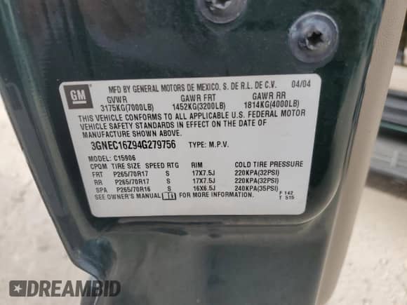 2004 Chevrolet Suburban LT with VIN 3GNEC16Z94G279756, listed as a Copart auction lot 76659684 with 187,751 mi miles and Non repairable. Bid and sale history available at DreamBid. Image 14.