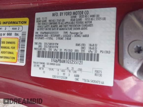 2016 Ford Mustang V6 with VIN 1FA6P8AM1G5255121, listed as a IAAI auction lot 42964902 with 107,527 mi miles and . Bid and sale history available at DreamBid. Image 9.