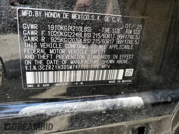 2025 Honda HR-V LX with VIN 3CZRZ1H30SM747755, listed as a Copart auction lot 68908335 with 16,657 mi miles and Salvage title. Bid and sale history available at DreamBid. Image 12.