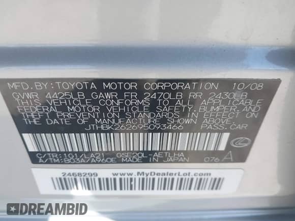 2009 Lexus IS 250 z VIN JTHBK262695093466, wystawiony jako IAAI lot #42514031 z przebiegiem 144 574 mil mil oraz . Historia ofert i sprzedaży dostępna na DreamBid. Obrazek 9.