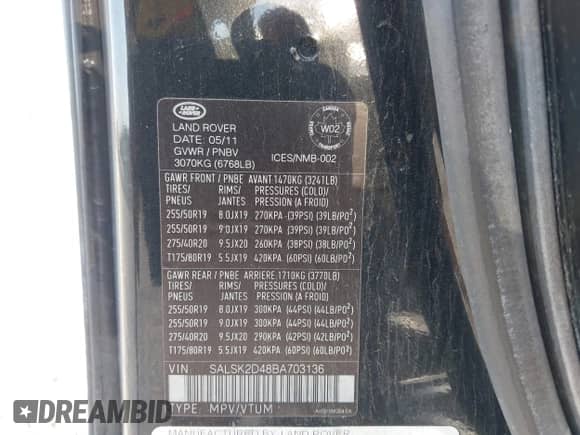 2011 Land Rover Range Rover Sport HSE Lux with VIN SALSK2D48BA703136, listed as a IAAI auction lot 43260492 with 196,089 mi miles and . Bid and sale history available at DreamBid. Image 9.