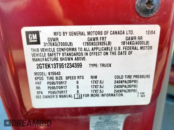 2005 GMC Sierra 1500 SLE z VIN 2GTEK13T951234399, wystawiony jako Copart lot #59989925 z przebiegiem 79 070 mil mil oraz Szkoda całkowita • Salvage title. Historia ofert i sprzedaży dostępna na DreamBid. Obrazek 12.