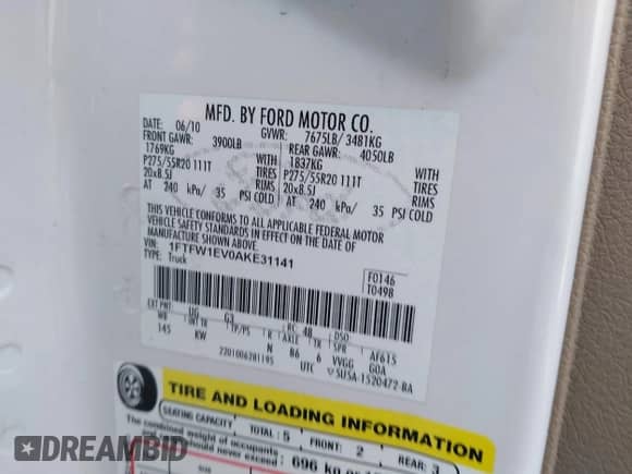 2010 Ford F-150 XL с VIN 1FTFW1EV0AKE31141, выставлен на аукционе IAAI как лот 43130203 с пробегом 100 394 миль миль и . История ставок и продаж доступна на DreamBid. Изображение 9.