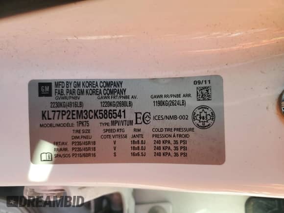 2012 Chevrolet Orlando 1LT с VIN KL77P2EM3CK586541, выставлен на аукционе Copart как лот 49203245 с пробегом 121 436 миль миль и Чистый • Clean title. История ставок и продаж доступна на DreamBid. Изображение 13.