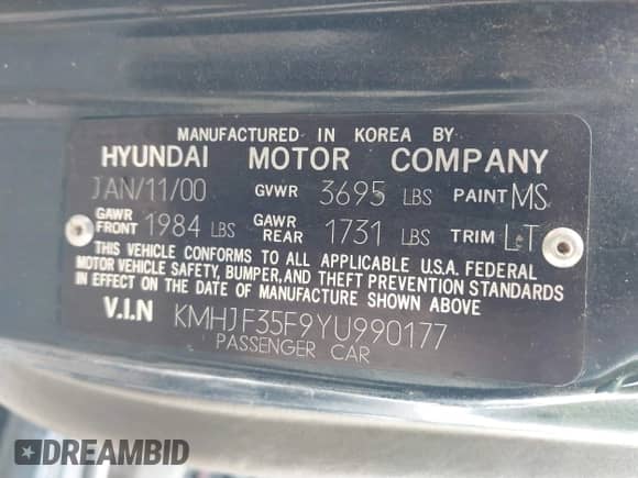 2000 Hyundai Elantra GLS z VIN KMHJF35F9YU990177, wystawiony jako IAAI lot #41779807 z przebiegiem 175 114 mil mil oraz . Historia ofert i sprzedaży dostępna na DreamBid. Obrazek 9.