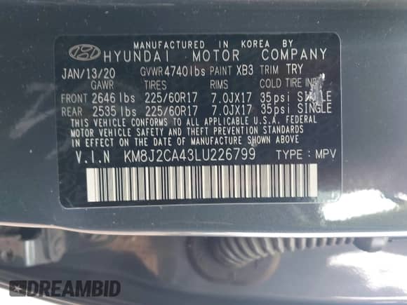 2020 Hyundai Tucson SE with VIN KM8J2CA43LU226799, listed as a IAAI auction lot 43236121 with 53,650 mi miles and . Bid and sale history available at DreamBid. Image 9.