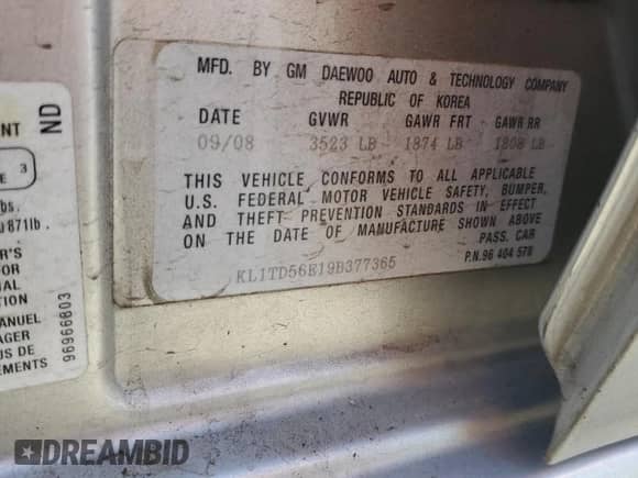 2009 Chevrolet Aveo 1LT with VIN KL1TD56E19B377365, listed as a Copart auction lot 81434555 with 103,080 mi miles and Salvage title. Bid and sale history available at DreamBid. Image 12.