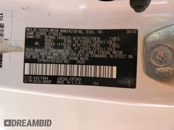 2007 Toyota Tundra SR5 z VIN 5TFBV54167X027182, wystawiony jako Copart lot #89721585 z przebiegiem 166 764 mil mil oraz Szkoda całkowita • Salvage title. Historia ofert i sprzedaży dostępna na DreamBid. Obrazek 12.