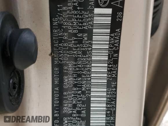 2011 Toyota Corolla S with VIN 2T1BU4EE3BC635473, listed as a Copart auction lot 85415225 with 240,641 mi miles and Clean title. Bid and sale history available at DreamBid. Image 12.