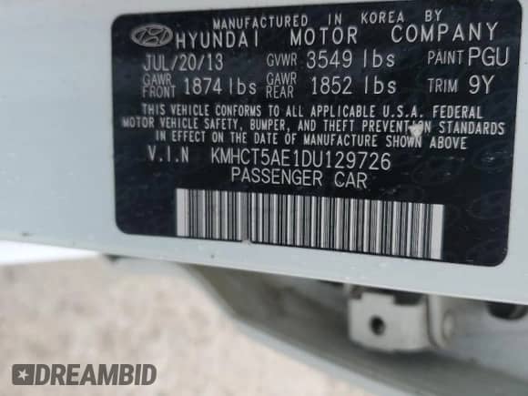 2013 Hyundai Accent GS z VIN KMHCT5AE1DU129726, wystawiony jako Copart lot #67724925 z przebiegiem 83 799 mil mil oraz Szkoda całkowita • Salvage title. Historia ofert i sprzedaży dostępna na DreamBid. Obrazek 12.