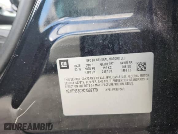 2012 Chevrolet Cruze LTZ with VIN 1G1PH5SC8C7302779, listed as a Copart auction lot 83859095 with 149,723 mi miles and Salvage title. Bid and sale history available at DreamBid. Image 12.