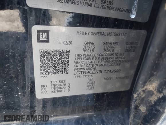 2020 GMC Sierra 1500 Elevation with VIN 1GTR9CEK0LZ243669, listed as a IAAI auction lot 41406053 with 60,353 mi miles and . Bid and sale history available at DreamBid. Image 9.